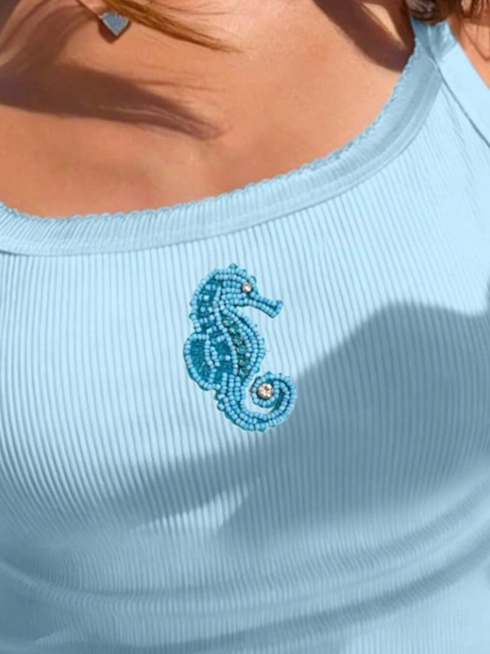 Blue Casual Women's Ribbed Knit Camisole Top with Beaded Seahorse Detail - Picture 3 of 3